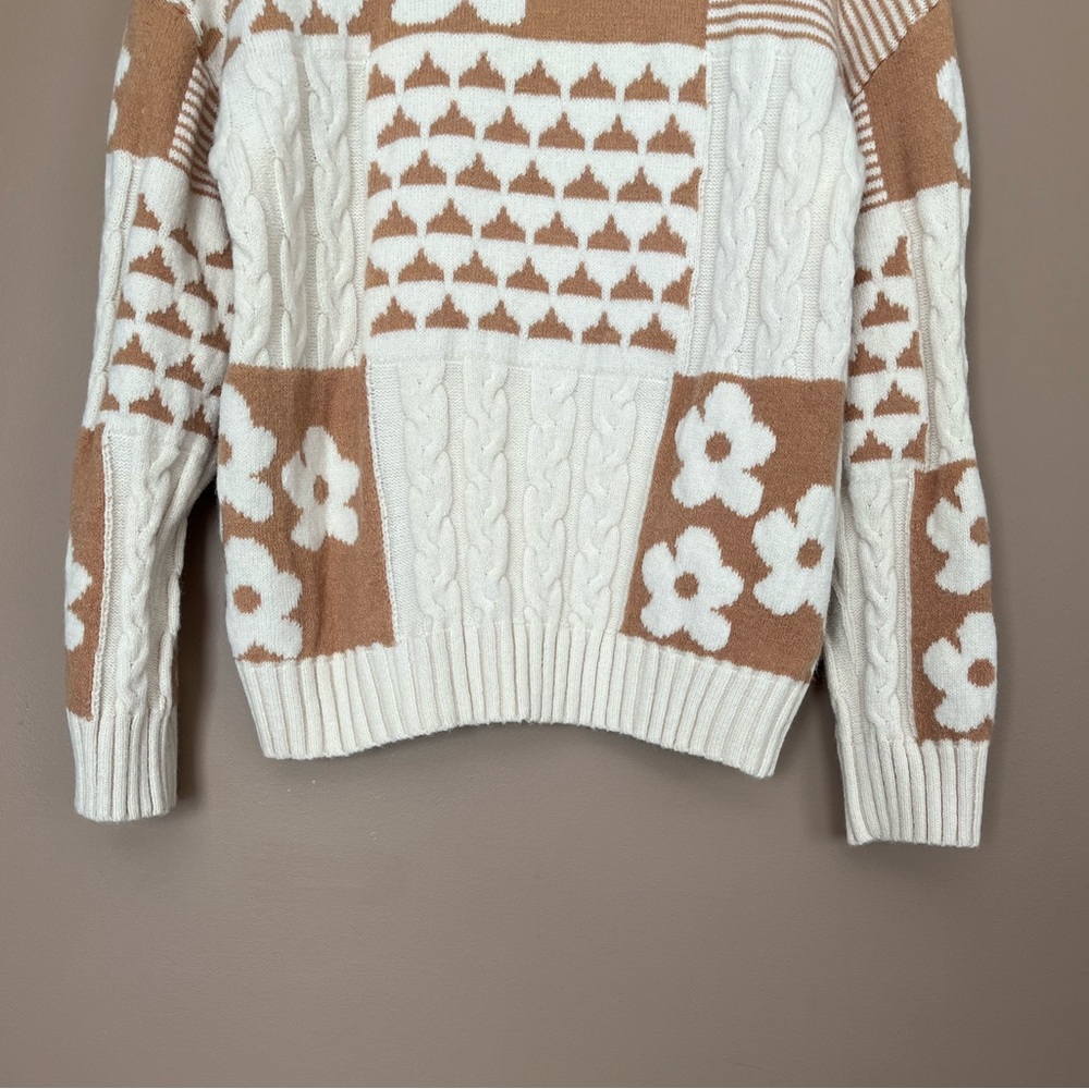 {&merci} Knit Patchwork Sweater with Floral and Cable Knit Design - Womens Small - Picture 8 of 10
